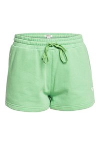 Shorts en coton vert clair avec une ceinture élastique et un cordon de serrage. Dotés de poches latérales et d'un petit logo sur l'ourlet inférieur.
