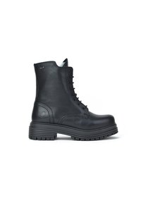 Botas de tobillo de cuero negro con diseño de cordones, cuello acolchado, suela de goma texturizada y un acento de logo en el lateral.