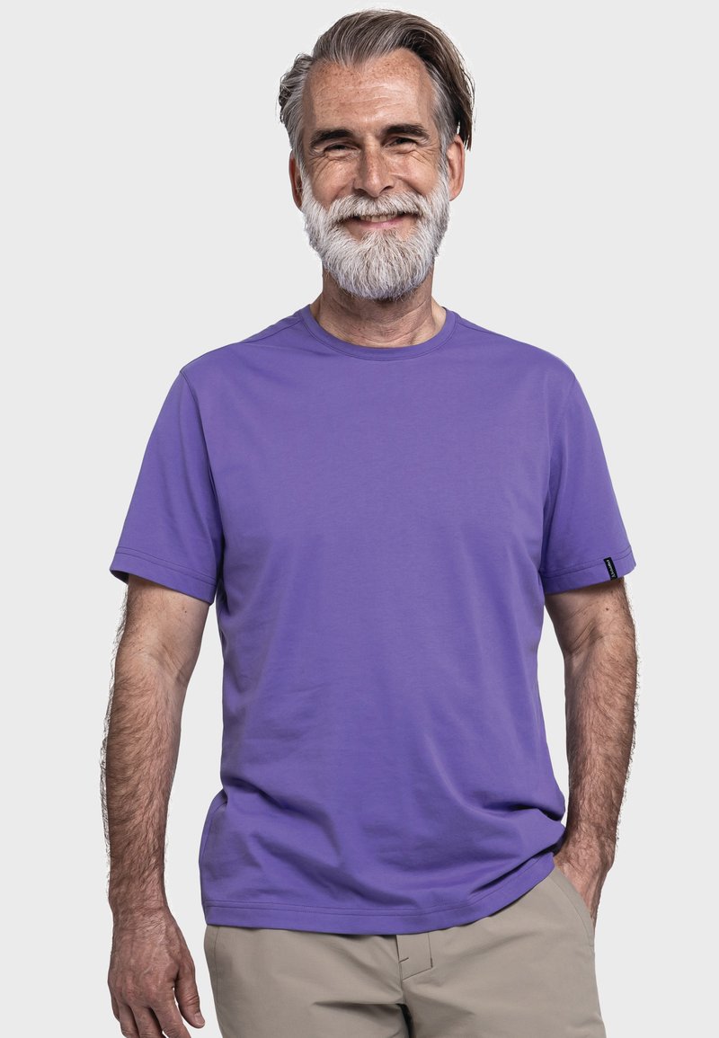 Lila Kurzarm-T-Shirt aus glattem Stoff, mit klassischem Rundhalsausschnitt und dezentem Logodetail am linken Ärmel.