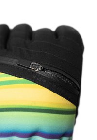 Colorful glove featuring a black padded top, yellow and green striped fabric, with a zipper and textured accents.
