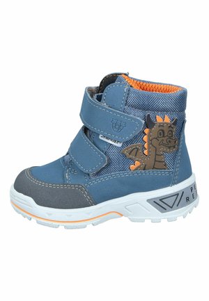 Blue high-top children's boot with grey accents, Velcro straps, orange lining, and a dragon graphic on the side. Textured fabric and rubber sole.