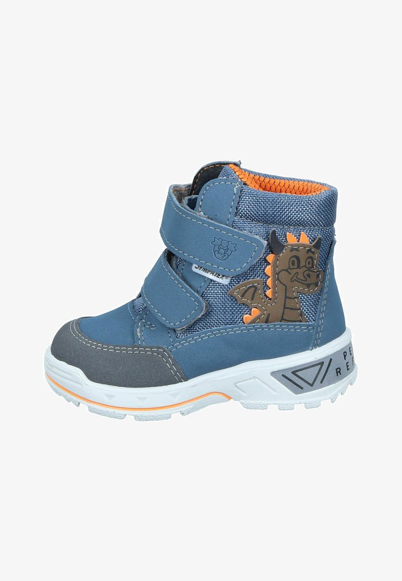 Blauer Kinderhochstiefel mit grauen Akzenten, Klettverschlüssen, orangefarbenem Futter und einem Drachenmotiv an der Seite. Strukturierter Stoff und Gummisohle.