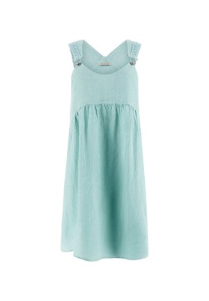 Jasnoniebieska sukienka z lnu z dekoltem w kształcie litery V i szerokimi ramiączkami. Posiada marszczoną talię oraz swobodną sylwetkę w kształcie litery A. Prosty, minimalistyczny design.