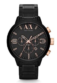 Černé nerezové hodinky s texturovaným černým ciferníkem, akcenty ve zlaté růžové barvě, chronografickými subciferníky a designem řemínku s články.