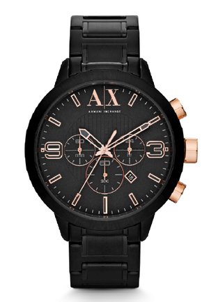 Montre en acier inoxydable noir avec un cadran noir texturé, des accents en or rose, des sous-cadrans chronographes et un bracelet à maillons.