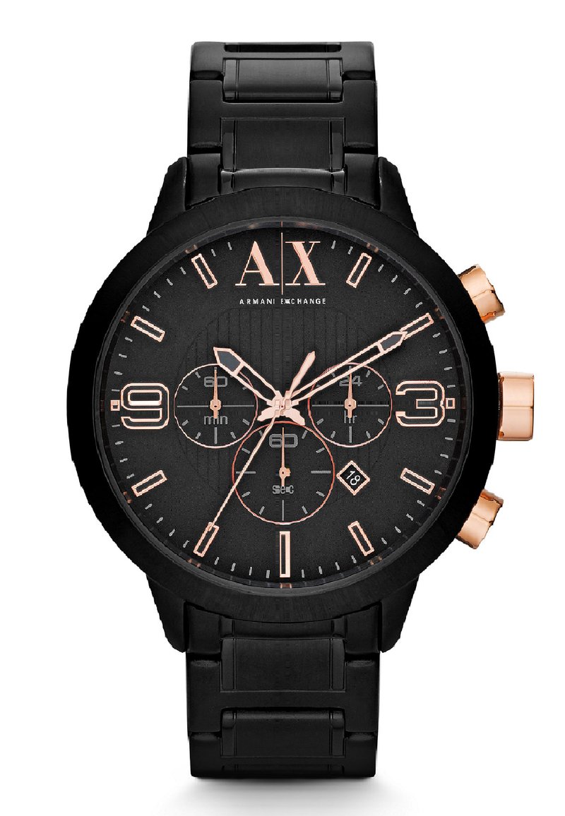 Černé nerezové hodinky s texturovaným černým ciferníkem, akcenty ve zlaté růžové barvě, chronografickými subciferníky a designem řemínku s články.
