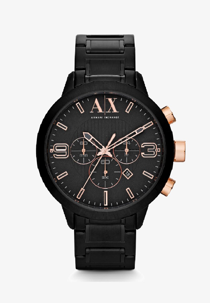 Černé nerezové hodinky s texturovaným černým ciferníkem, akcenty ve zlaté růžové barvě, chronografickými subciferníky a designem řemínku s články.