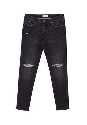 Jean en denim noir avec une coupe slim, présentant des détails déchirés aux genoux, des poches standards et des coutures contrastées le long de la taille.