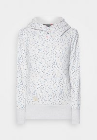 Jasnoszara bluza z kapturem z niebieskimi i różowymi wzorami liści, z kołnierzem typu funnel oraz kieszenią z przodu. Mankiety i dół wykończone w jednolitym szarym kolorze.