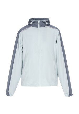  Lichtblauwe zip-up jas met capuchon, met grijze accenten op de schouders en mouwen. Gemaakt van soepel, lichtgewicht materiaal.