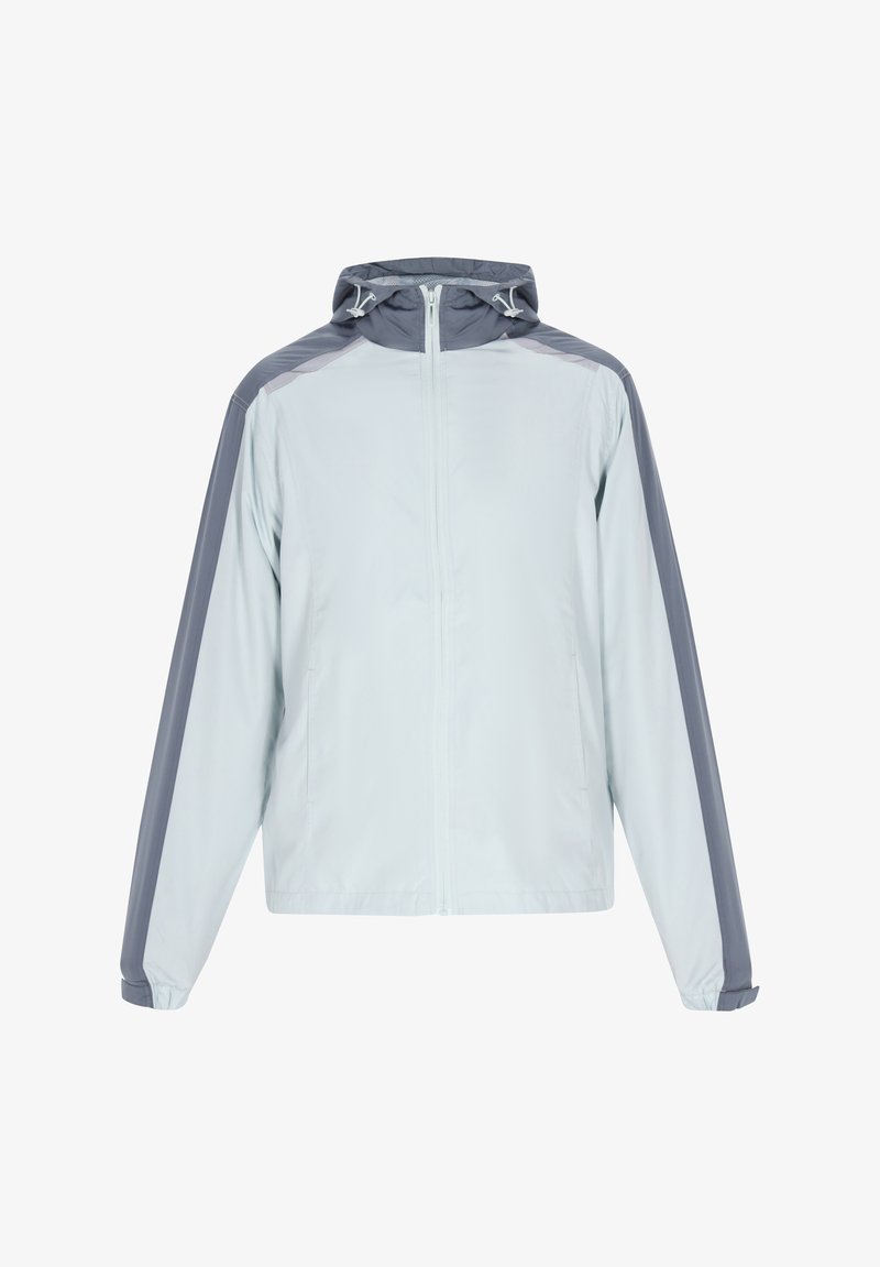 Ljusblå zip-up jacka med huva, med grå accenter på axlar och ärmar. Tillverkad av ett mjukt, lätt material.