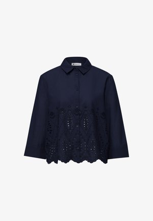 Navy blue button-up blouse with collar, long sleeves, and embroidered eyelet detailing along the lower half and scalloped hem.
