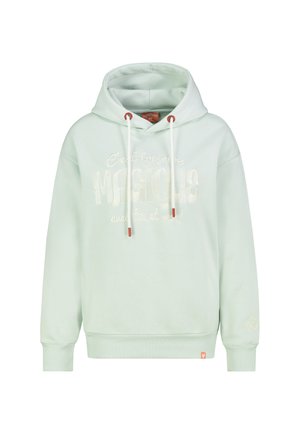 Hellgrüner Kapuzenpullover mit weißen Kordeln und französischem Text "C'est toujours Magique avec toi et moi" in Weiß auf der Vorderseite gedruckt.