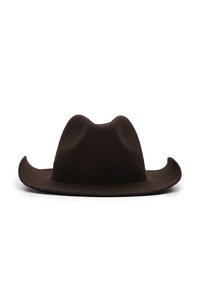 Brown felt cowboy hat with a wide brim and raised crown areas; smooth texture and structured shape with curved edges.