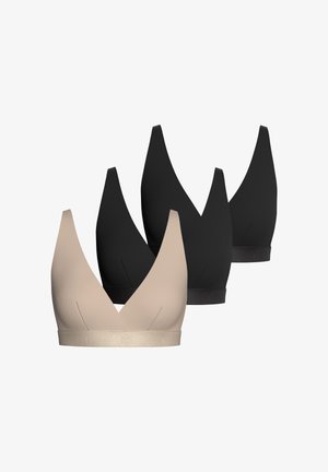 Tres sujetadores con un diseño de escote en V, hechos de tela suave. Incluye uno beige y dos negros, con un logo sutil en las bandas.
