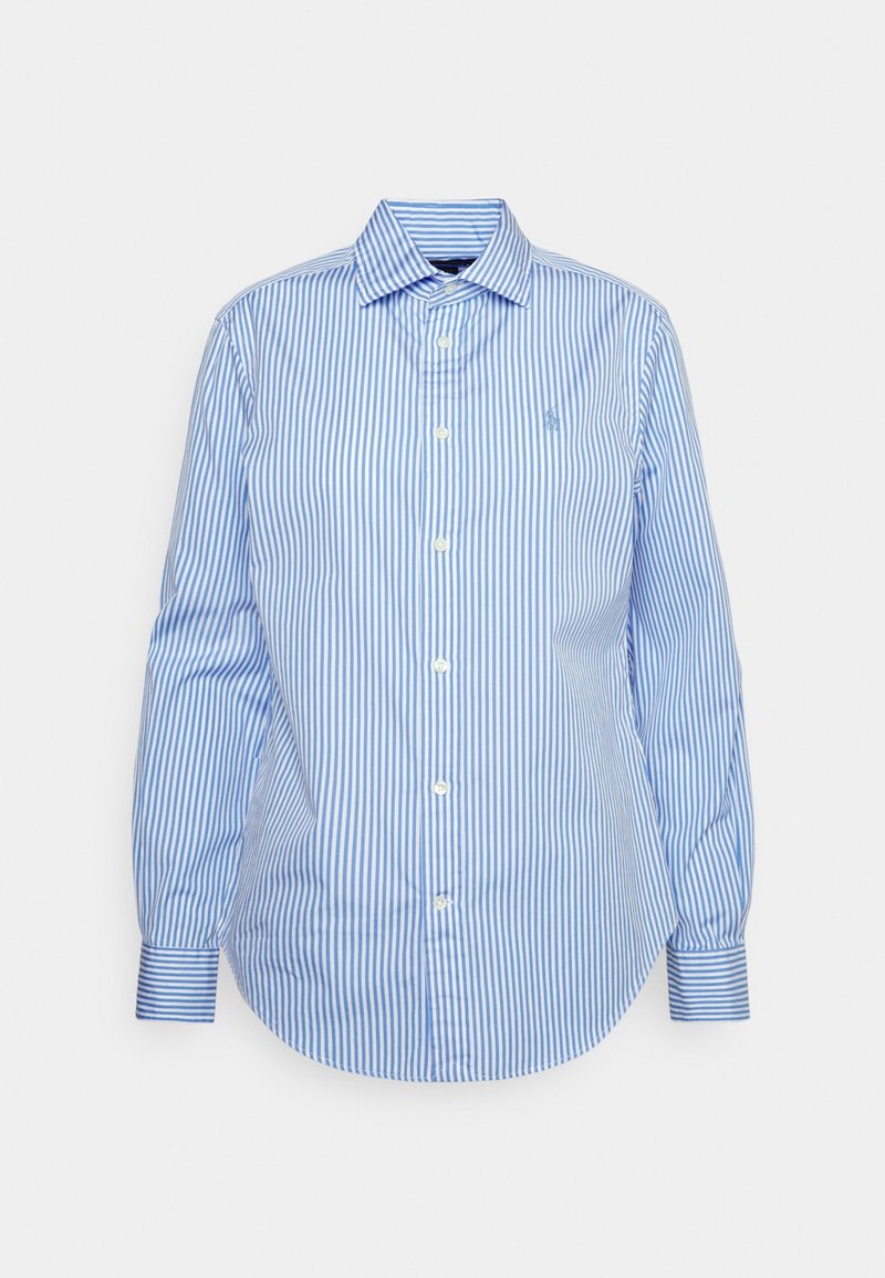 Gestreifte Bluse in Blau und Weiß mit langen Ärmeln, Button-down-Kragen und kleinem Logo auf der Brust. Hergestellt aus einem glatten Stoff.