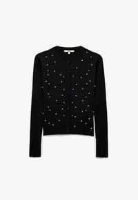 Cardigan nero a costine con maniche lunghe, scollatura rotonda e chiusura con bottoni. Decorato con ornamenti bianchi e neri sparsi.