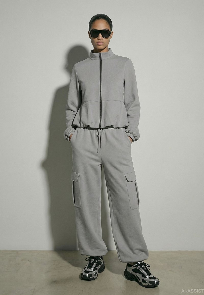 Femme portant une veste grise zippée et un pantalon cargo, avec des baskets noires et blanches et des lunettes de soleil noires, debout devant un fond uni.