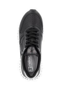 Black leather sneaker with perforated detailing, lace closure, padded collar, and white rubber outsole. Grey logo on the tongue and side.