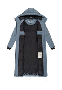 Long blue padded coat with hood, black inner lining, two inner pockets, and a label patch on the lower right inside panel.