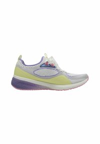 Scarpe da corsa leggere con tomaia in rete bianca, gialla e viola, suola testurizzata e lacci senza nodo rosa.