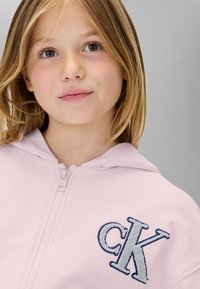 Sudadera con capucha rosa claro con cremallera y un logo decorativo "CK" en azul marino y plata. Presenta una textura suave y una cremallera central. Diseño con capucha.