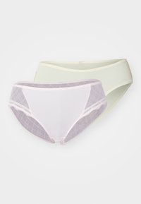 Two pairs of women's panties: one in pale green and one in light purple with a checkered pattern and lace trim, featuring a soft elastic waistband.