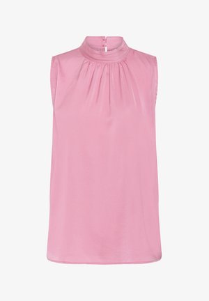 Bežodė rožinė bluzelė su aukštu klostuotu kaklu ir mygtukų uždarymu nugaroje, pagaminta iš sklandžios lengvos medžiagos.