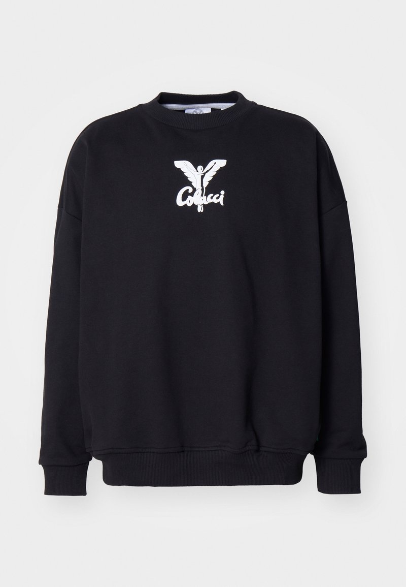Sweat-shirt noir à manches longues avec poignets et ourlet côtelés, arborant une silhouette ailée blanche et le mot « Colucci » en blanc sur la poitrine.