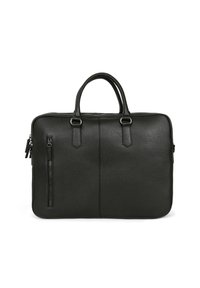 Borsa per laptop in pelle nera con due manici superiori, tasca frontale con zip e finitura testurizzata. Forma rettangolare con cuciture sottili.