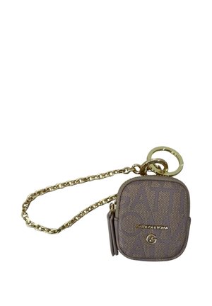Piccola pochette quadrata marrone con zip, catena e anello dorati, con un design discreto e il logo "Gattinoni Roma".