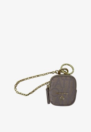 Piccola pochette quadrata marrone con zip, catena e anello dorati, con un design discreto e il logo "Gattinoni Roma".