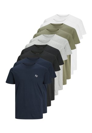 Ten short-sleeve t-shirts in varying colors: navy, black, olive, gray, and white. Cotton material with a crew neck and subtle front logo detail.