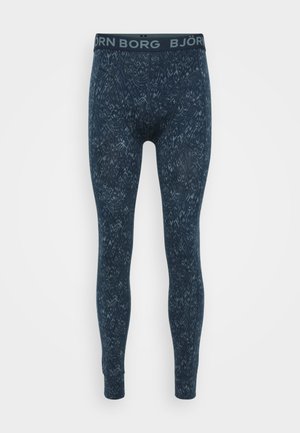 Tengeri mintás leggings, elasztikus derékkal, finom virágmintával és karcsú szabással. A textúra simának és rugalmasnak tűnik.