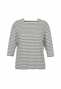 Schwarz-weiße gestreifte Bluse mit dreiviertel Ärmeln und quadratischem Ausschnitt aus weichem, leichtem Stoff, geeignet für den Alltag.