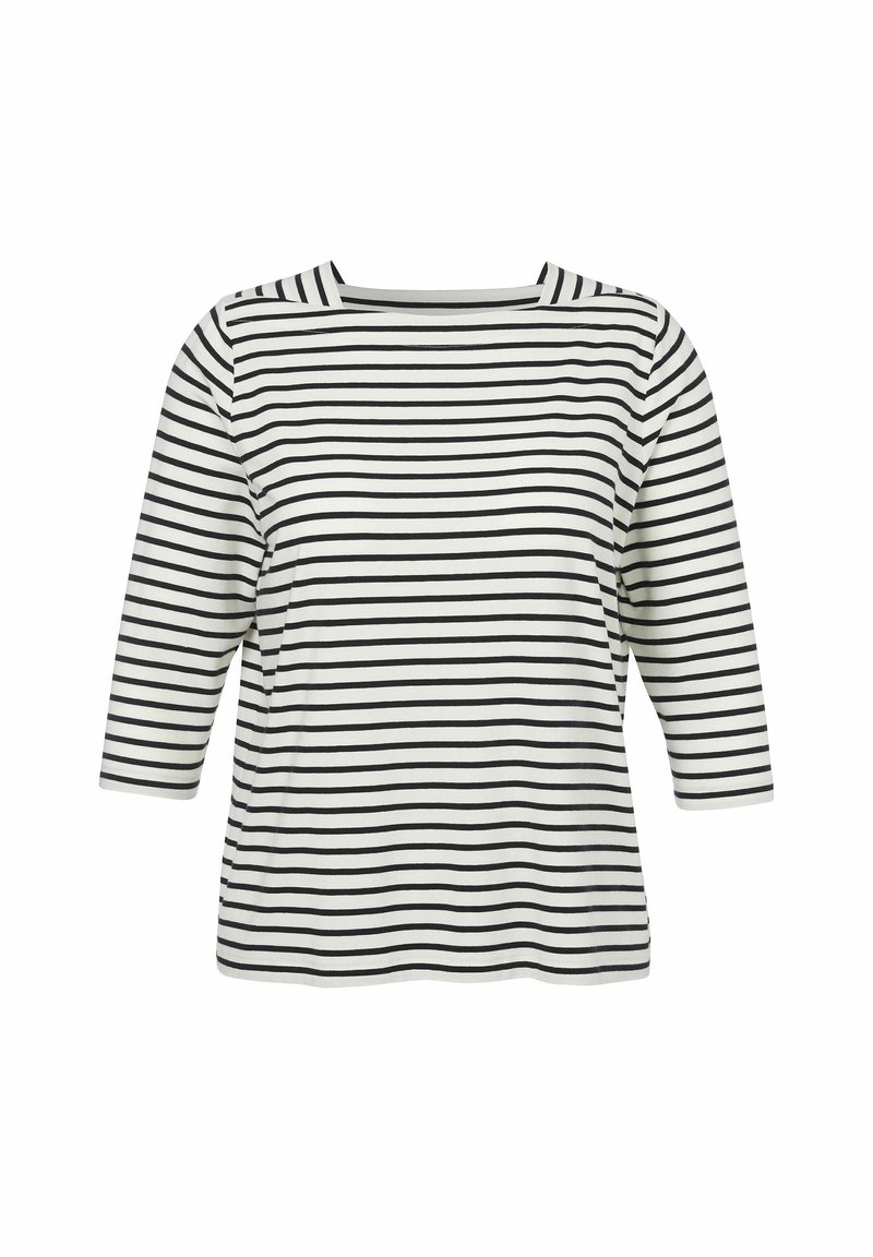 Schwarz-weiße gestreifte Bluse mit dreiviertel Ärmeln und quadratischem Ausschnitt aus weichem, leichtem Stoff, geeignet für den Alltag.