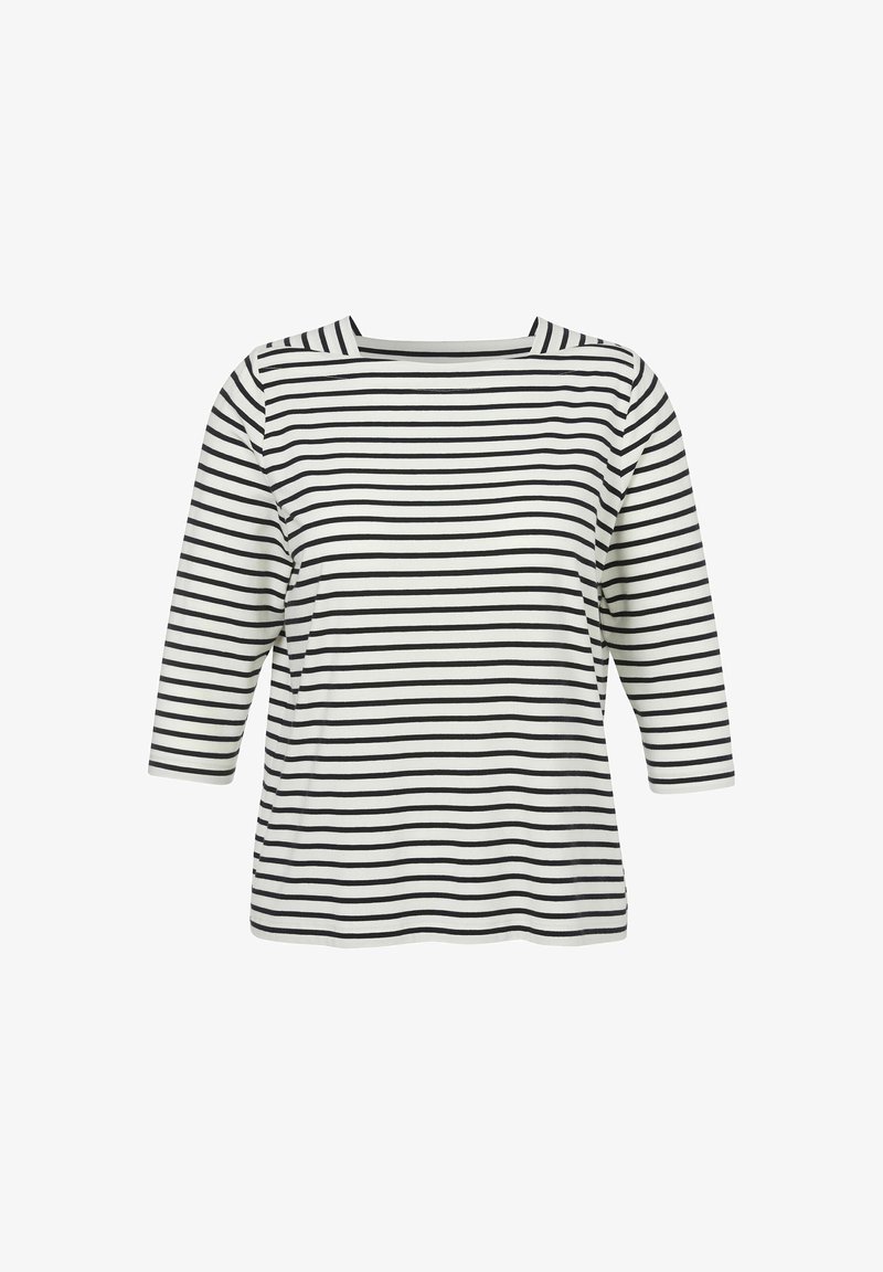 Schwarz-weiße gestreifte Bluse mit dreiviertel Ärmeln und quadratischem Ausschnitt aus weichem, leichtem Stoff, geeignet für den Alltag.