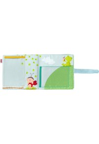 Soft fabric activity book with illustrations of a ladybug, frog, and green hill; features colorful patterns, pockets, and a blue handle.