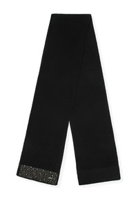 Černá pletená šála s hladkou texturou, zdobená ozdobným páskem z malých křišťálků na jednom konci. Jednoduchý design a obdélníkový tvar.