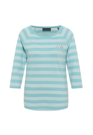 Turquoise and light blue striped long-sleeve shirt with a rounded neckline and a small logo on the left chest. Soft fabric and relaxed fit.