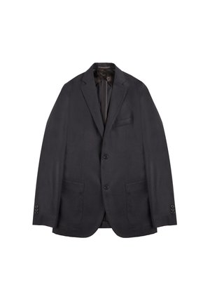 Schwarzer Blazer aus strukturiertem Stoff, mit zwei Fronttaschen, einer Brusttasche und einem satinunterlegten Innenfutter. Zwei-Knopf-Verschluss.