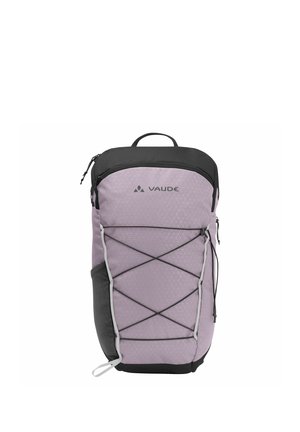Sac à dos Vaude violet clair et noir avec des cordons élastiques à l'avant, une poche latérale en mesh, une poignée supérieure et des compartiments zippés.
