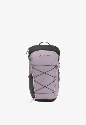 Sac à dos Vaude violet clair et noir avec des cordons élastiques à l'avant, une poche latérale en mesh, une poignée supérieure et des compartiments zippés.