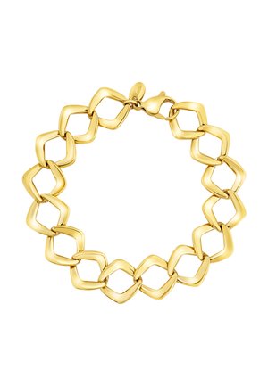 Bracelet en métal doré composé de maillons entrelacés en forme de losange avec une finition lisse et une fermeture à clip.