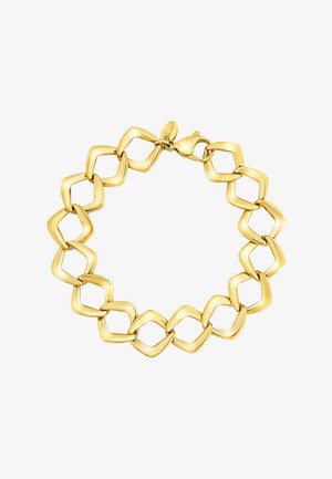 Gouden metalen armband met geschakelde diamantvormige schakels met een gladde afwerking en een sluiting.