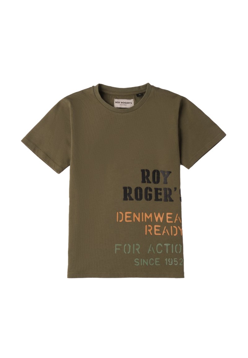 Camiseta de algodón verde oliva con mangas cortas, cuello redondo y estampados de texto multicolor en negro, naranja y verde.