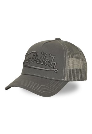 Casquette de baseball grise avec dos en mesh et logo brodé "Von Dutch" sur le panneau avant, visière incurvée et détails de couture visibles.