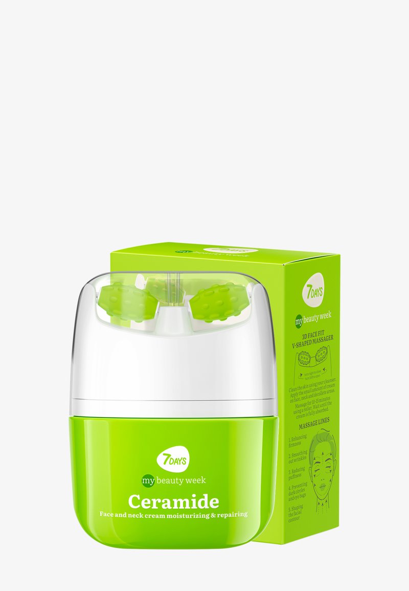 Contenitore per crema viso e collo verde con tappo bianco. È dotato di due rulli massaggianti testurizzati. Il packaging è verde con testo bianco e nero.