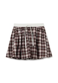 Gonna a quadri con una vita elastica bianca e cordino regolabile. I colori includono bordeaux, nero e grigio chiaro. Design corto e svasato.