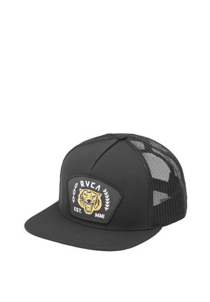 Gorra negra de camionero con parte trasera de malla, visera plana y parche frontal que muestra una cabeza de tigre amarilla con el texto "RVCA EST. MMI".